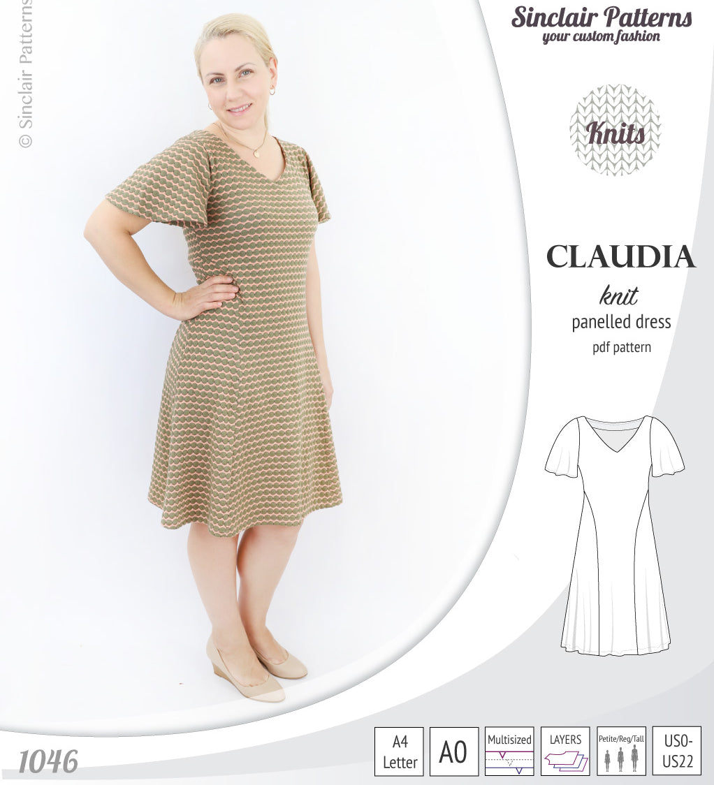 PDF Sewing pattern Sinclair Patterns S1046 Claudia godet style knit dress or tunic with flutter sleeves