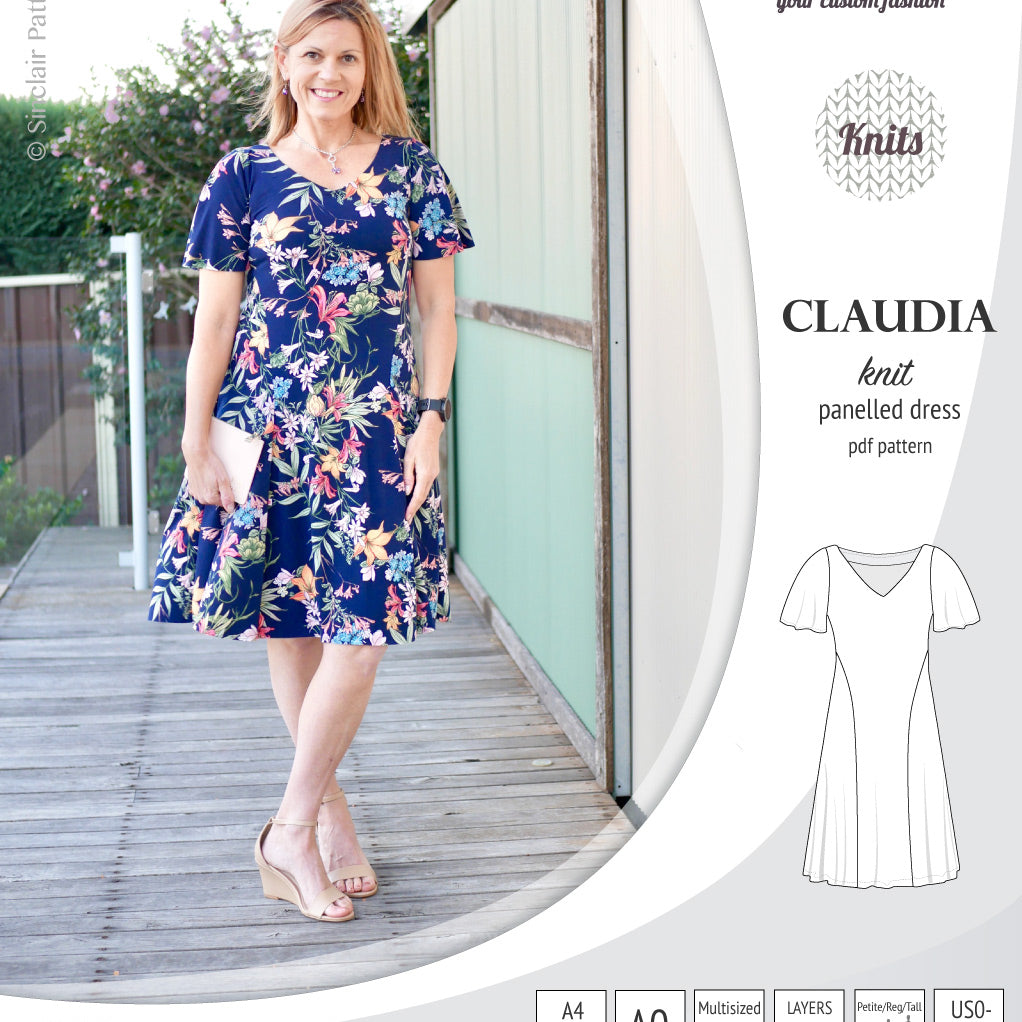 PDF Sewing pattern Sinclair Patterns S1046 Claudia godet style knit dress or tunic with flutter sleeves