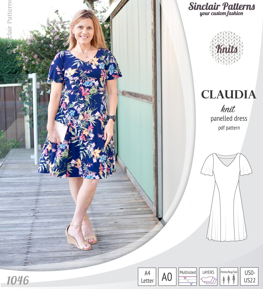 PDF Sewing pattern Sinclair Patterns S1046 Claudia godet style knit dress or tunic with flutter sleeves