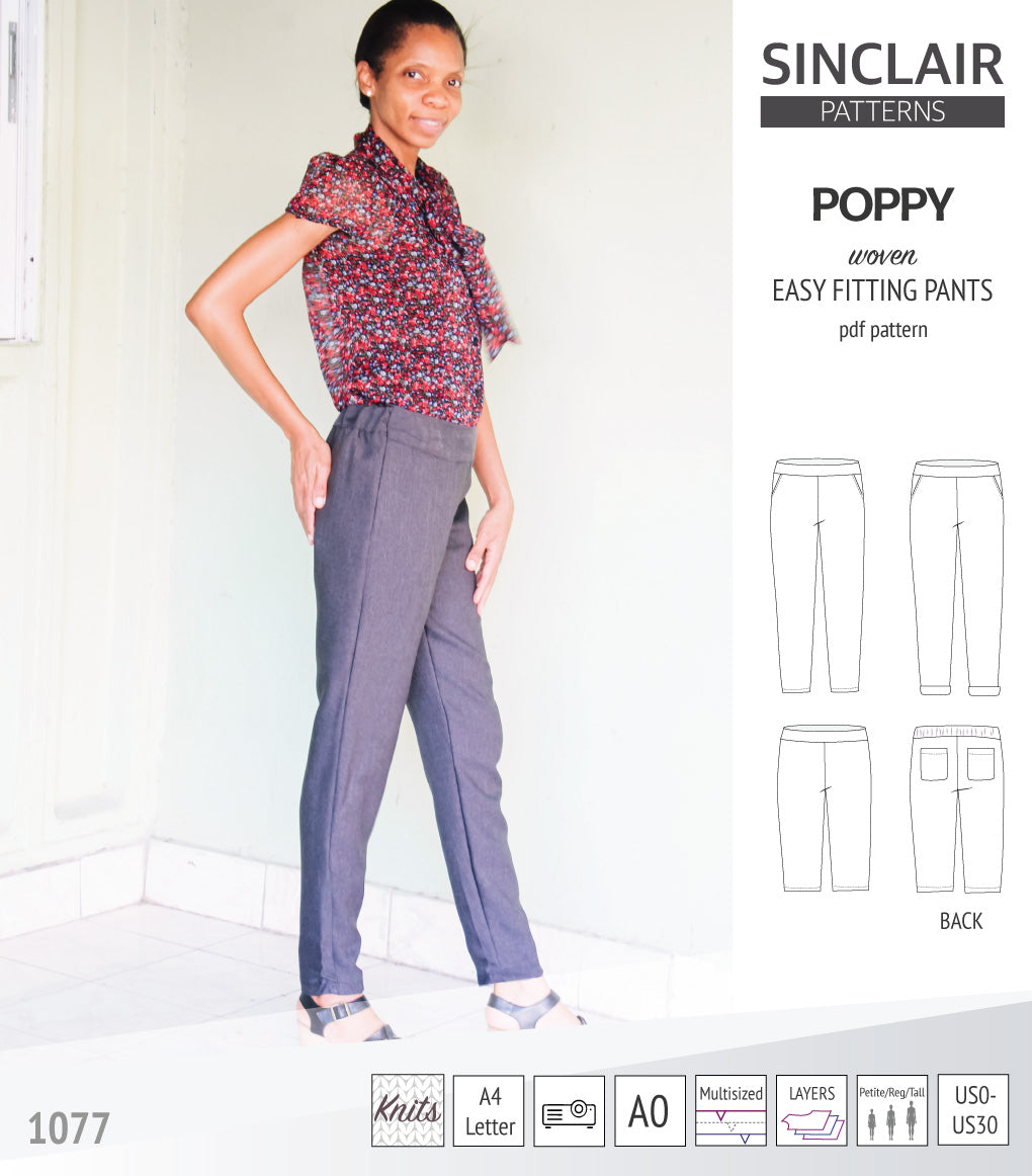 Poppy easy fitting pants with pockets for woven fabrics (PDF