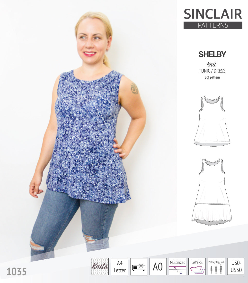 Tank top tunic for knit fabrics pdf sewing pattern by Sinclair Patterns