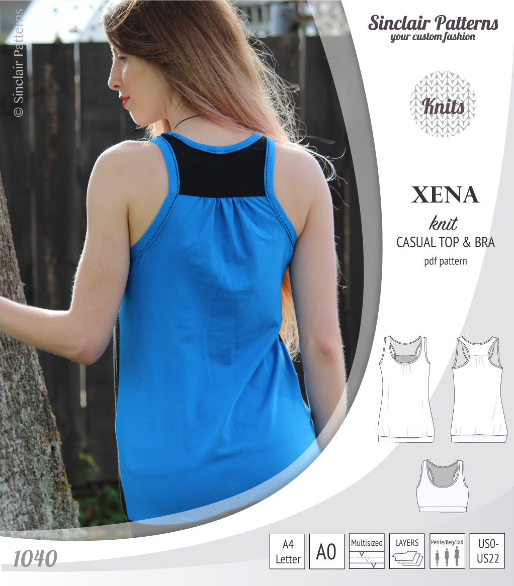 PDF Sewing pattern Sinclair Patterns S1040 Xena casual style racerback tank top and braPDF Sewing pattern Sinclair Patterns S1040 Xena casual style racerback tank top and bra