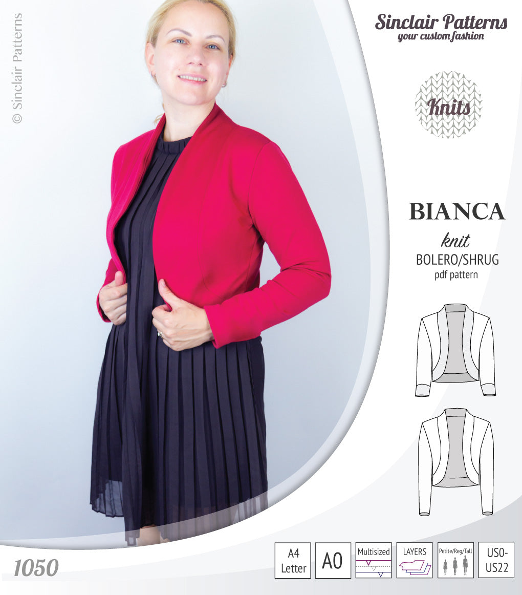Pdf sewing pattern Bianca knit bolero, shrug, cropped cardigan by Sinclair Patterns