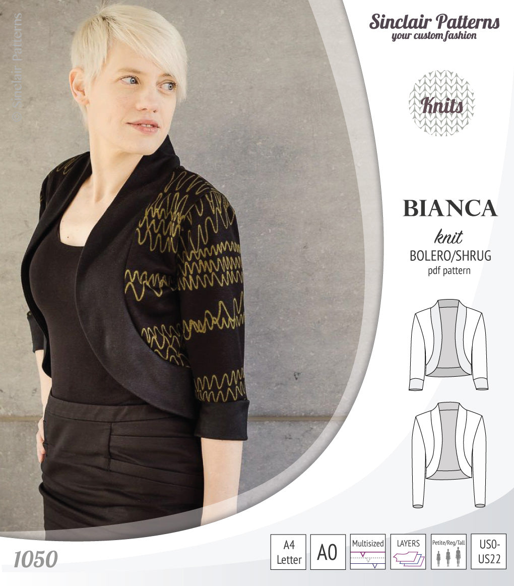 Pdf sewing pattern Bianca knit bolero, shrug, cropped cardigan by Sinclair Patterns