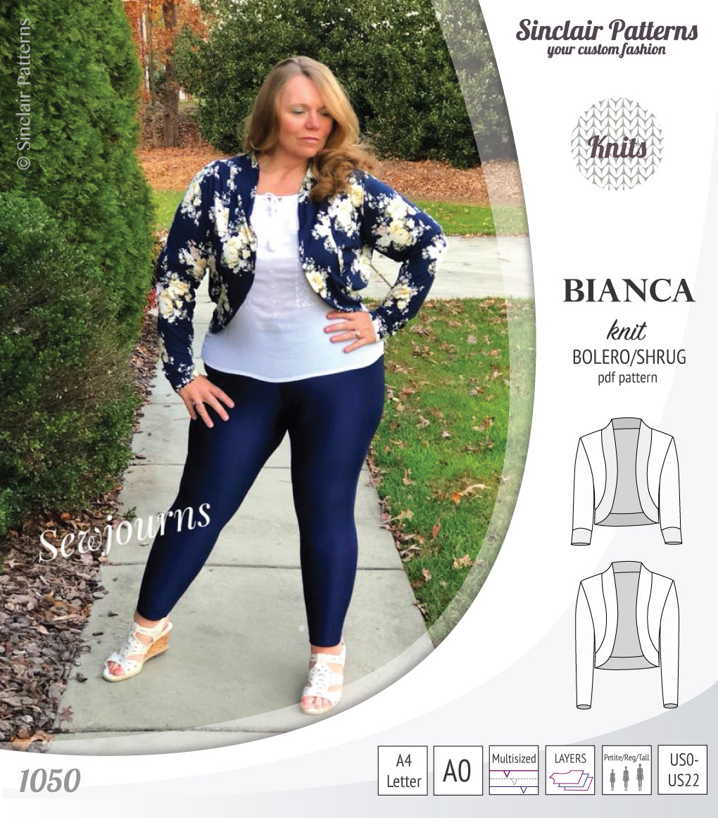 Pdf sewing pattern Bianca knit bolero, shrug, cropped cardigan by Sinclair Patterns