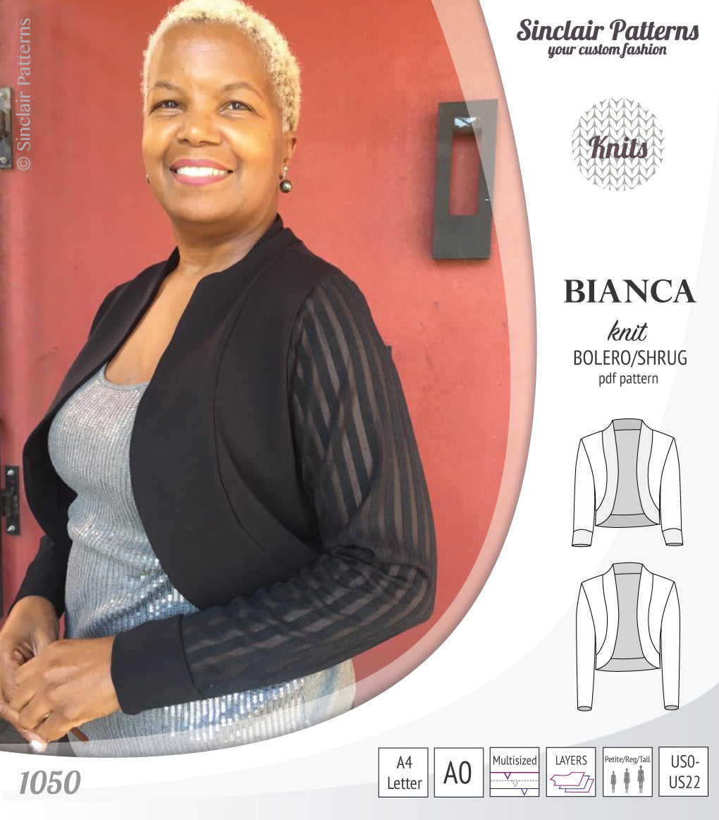 Pdf sewing pattern Bianca knit bolero, shrug, cropped cardigan by Sinclair Patterns