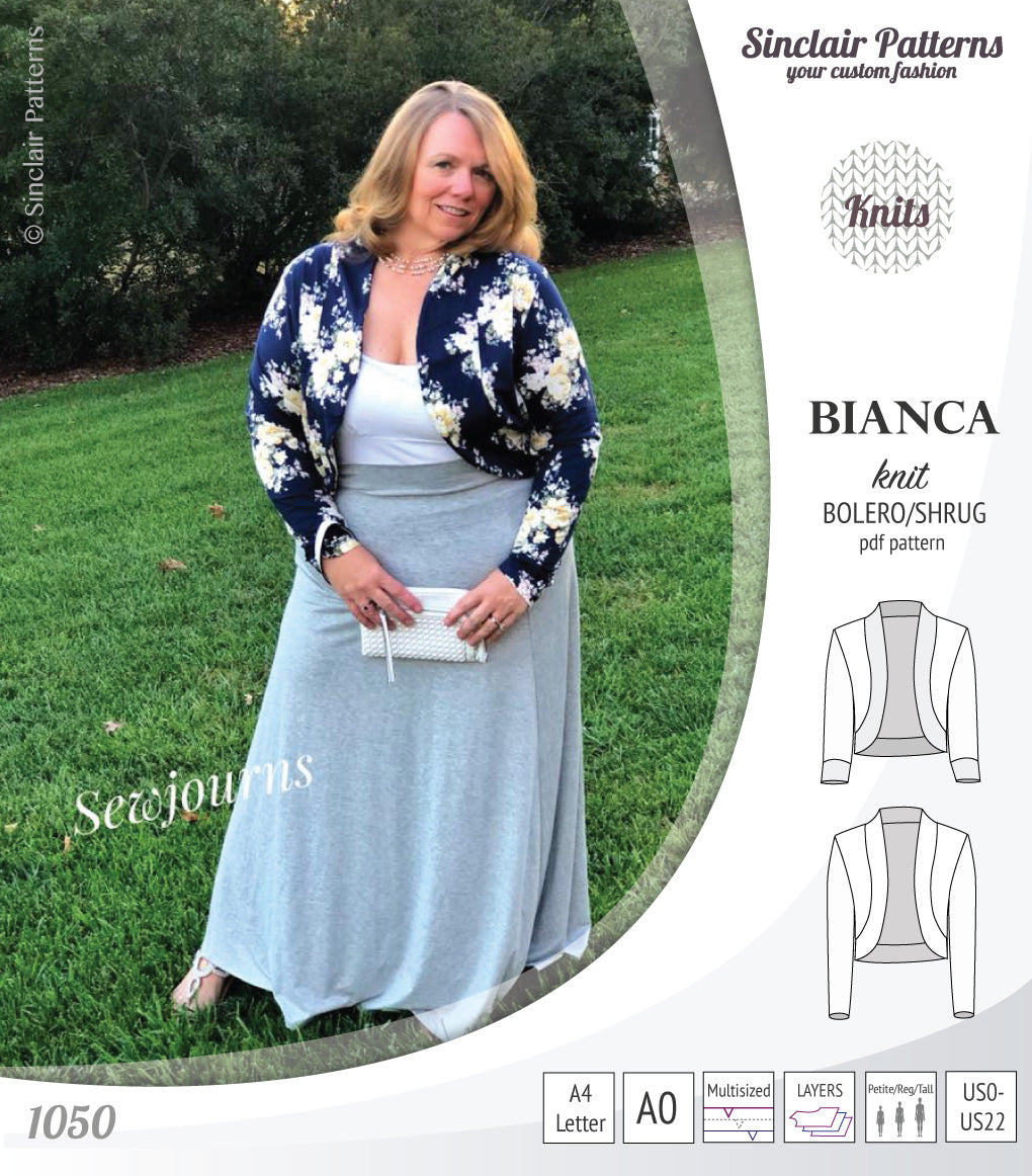 Pdf sewing pattern Bianca knit bolero, shrug, cropped cardigan by Sinclair Patterns