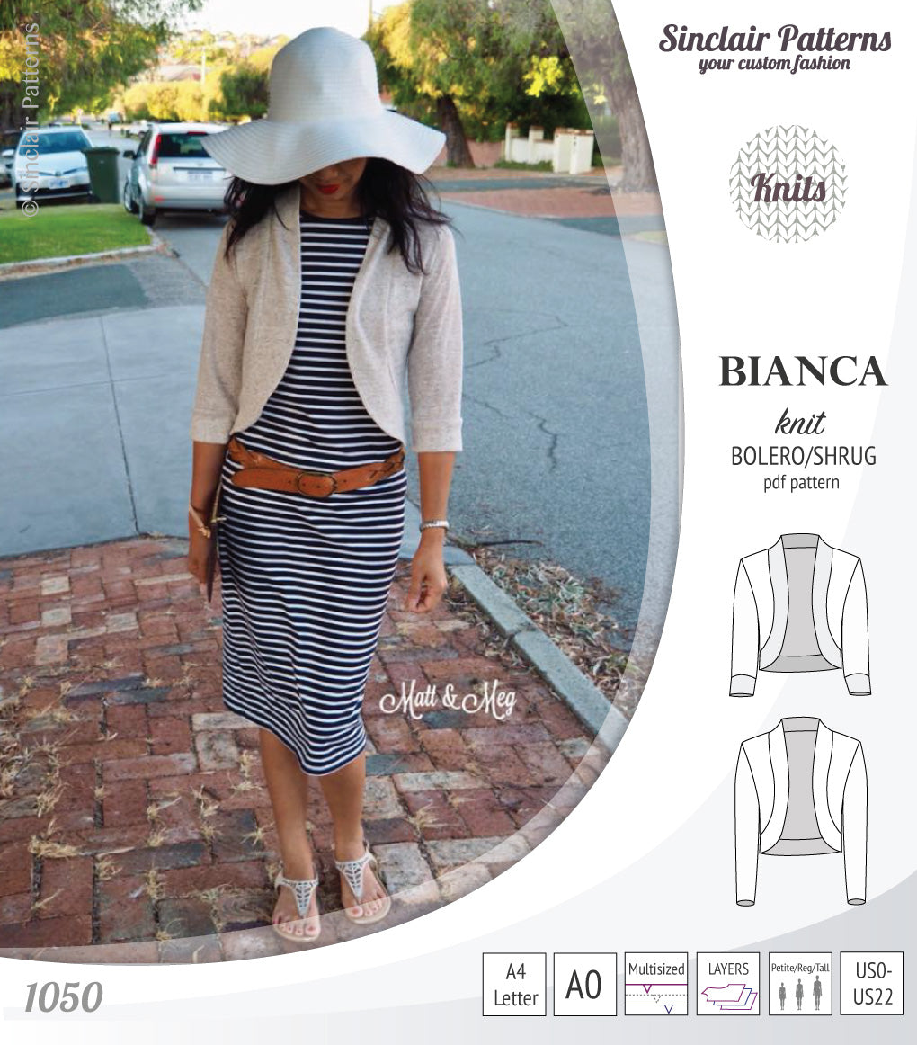 Pdf sewing pattern Bianca knit bolero, shrug, cropped cardigan by Sinclair Patterns