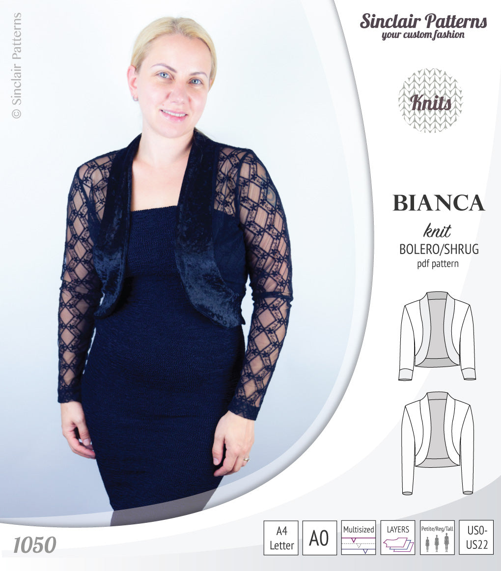 Pdf sewing pattern Bianca knit bolero, shrug, cropped cardigan by Sinclair Patterns