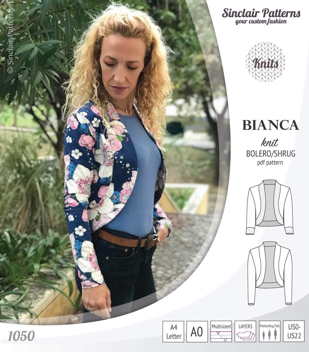 Pdf sewing pattern Bianca knit bolero, shrug, cropped cardigan by Sinclair Patterns