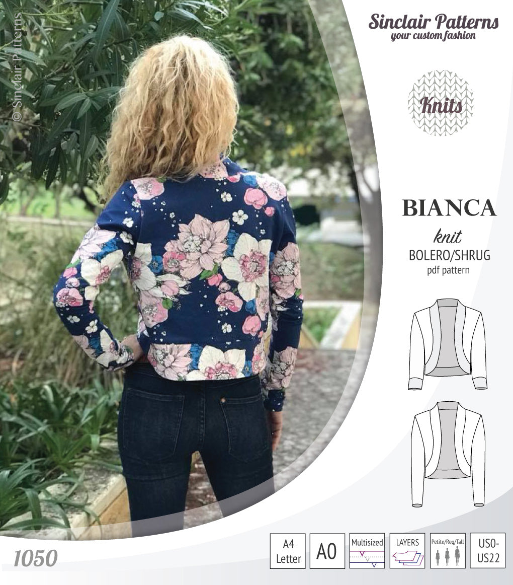 Pdf sewing pattern Bianca knit bolero, shrug, cropped cardigan by Sinclair Patterns