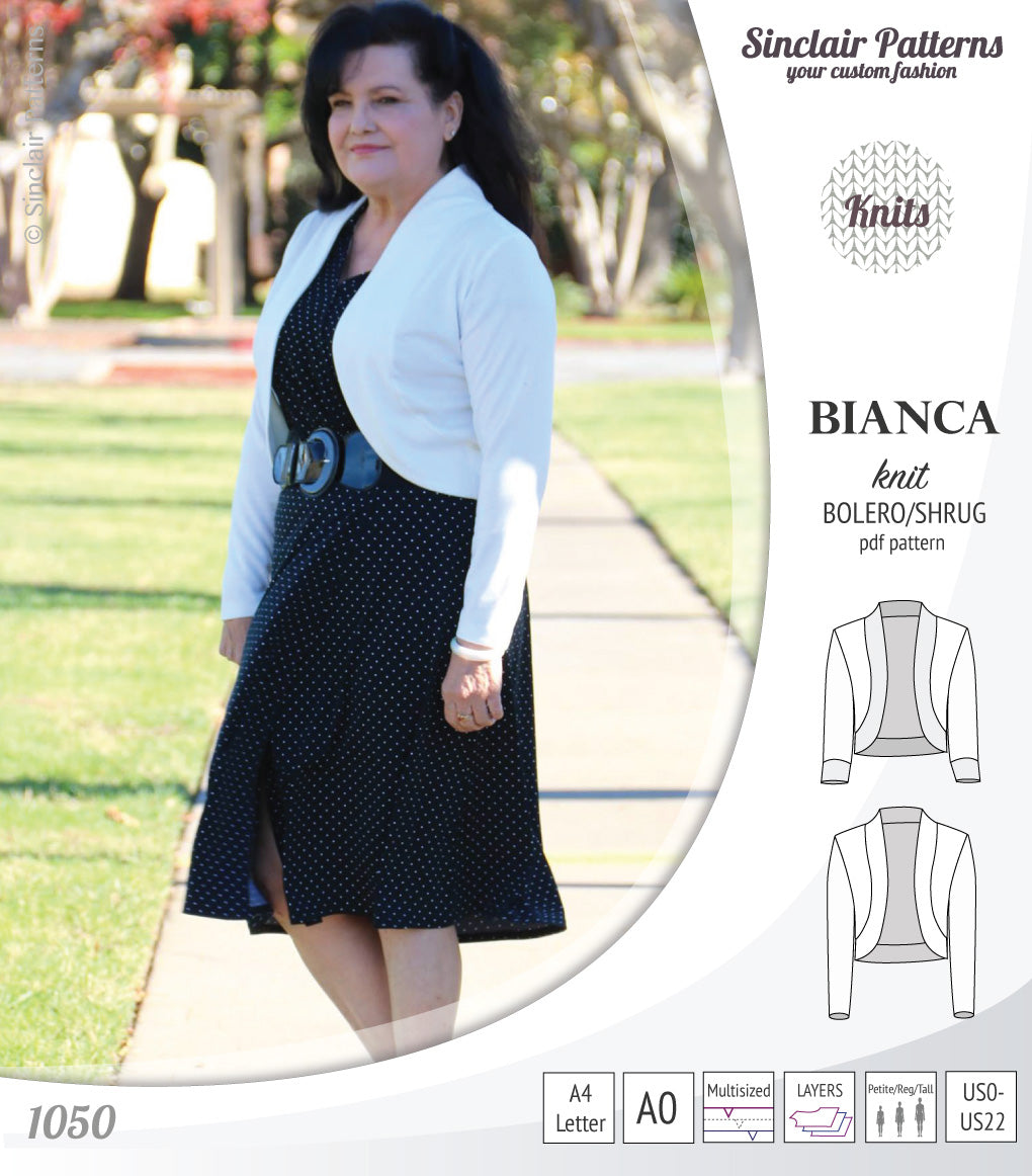 Pdf sewing pattern Bianca knit bolero, shrug, cropped cardigan by Sinclair Patterns