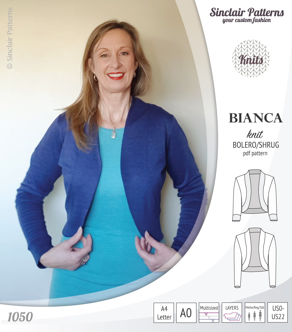 Pdf sewing pattern Bianca knit bolero, shrug, cropped cardigan by Sinclair Patterns