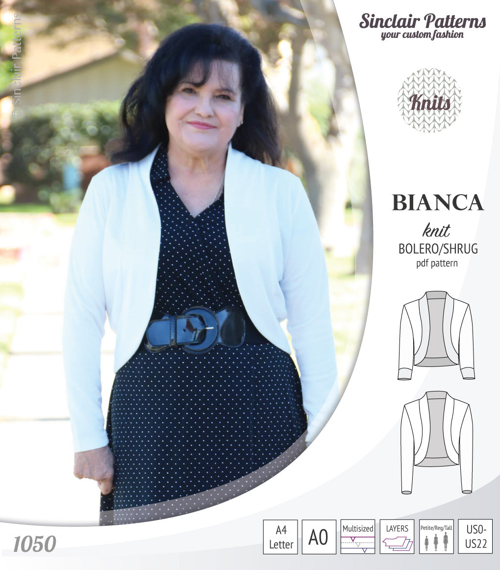 Pdf sewing pattern Bianca knit bolero, shrug, cropped cardigan by Sinclair Patterns