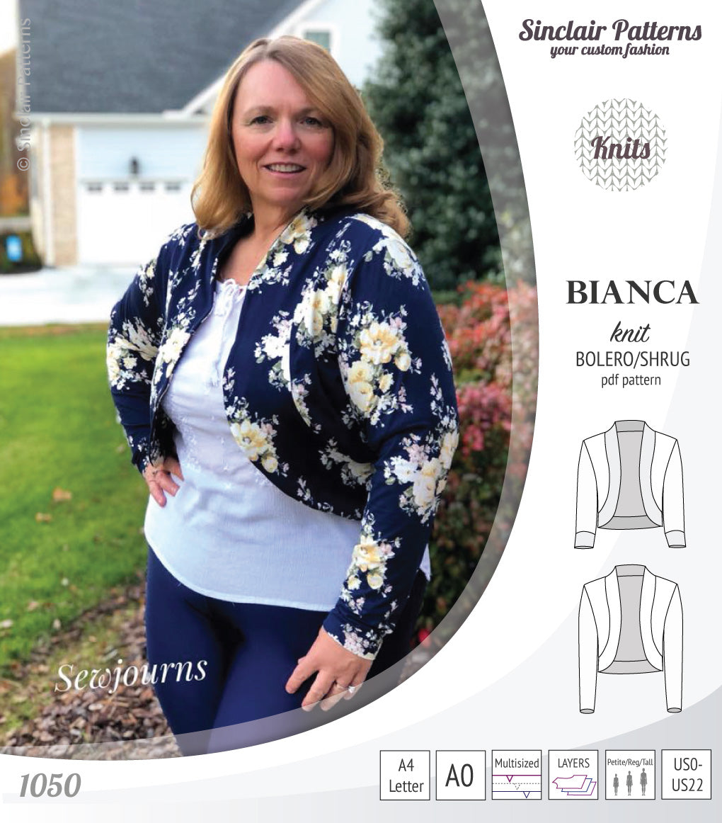 Pdf sewing pattern Bianca knit bolero, shrug, cropped cardigan by Sinclair Patterns