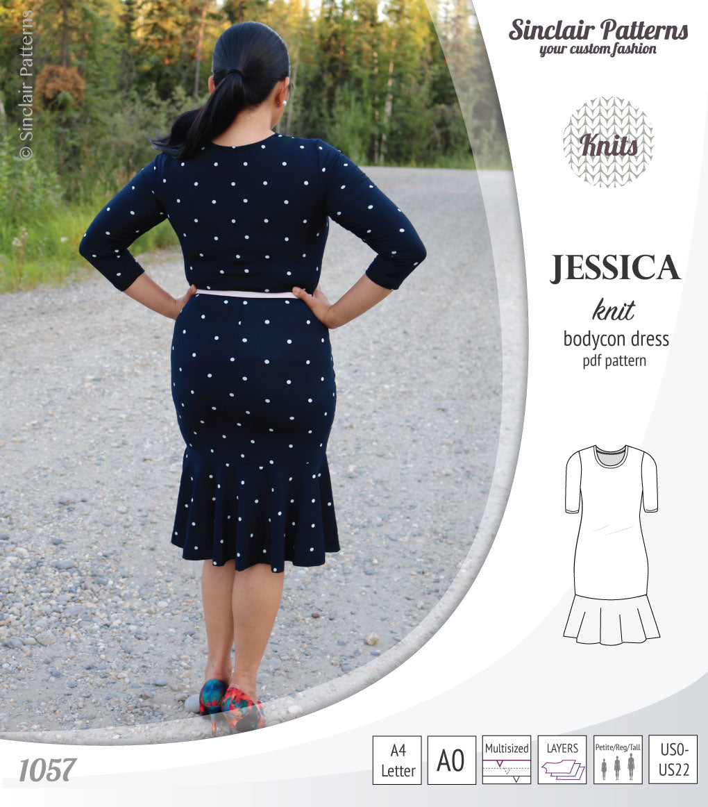 Pdf sewing pattern Jessica Bodycon dress for knit fabrics with peplum