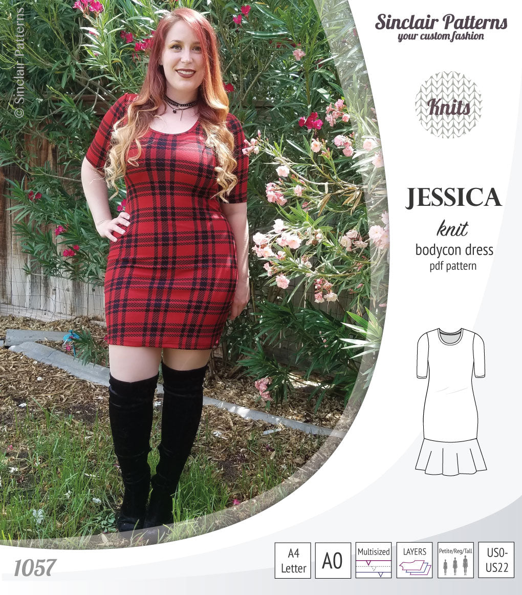 Pdf sewing pattern Jessica Bodycon dress for knit fabrics with peplum