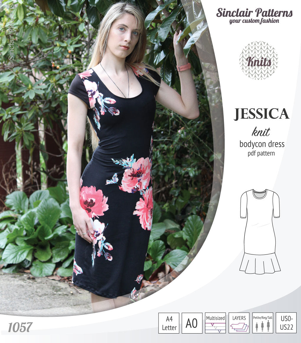 Pdf sewing pattern Jessica Bodycon dress for knit fabrics with peplum