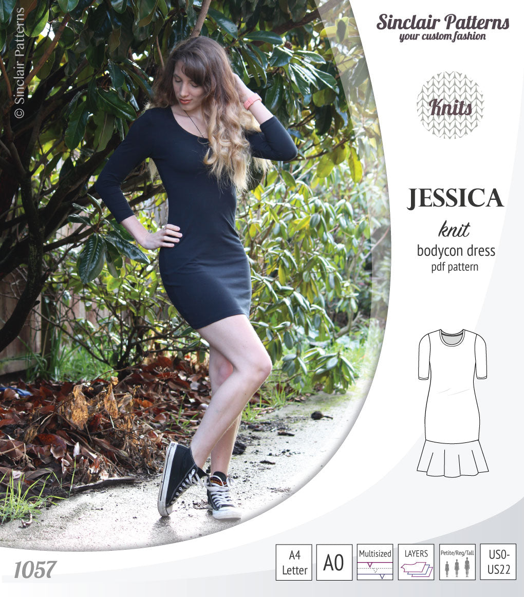 Pdf sewing pattern Jessica Bodycon dress for knit fabrics with peplum