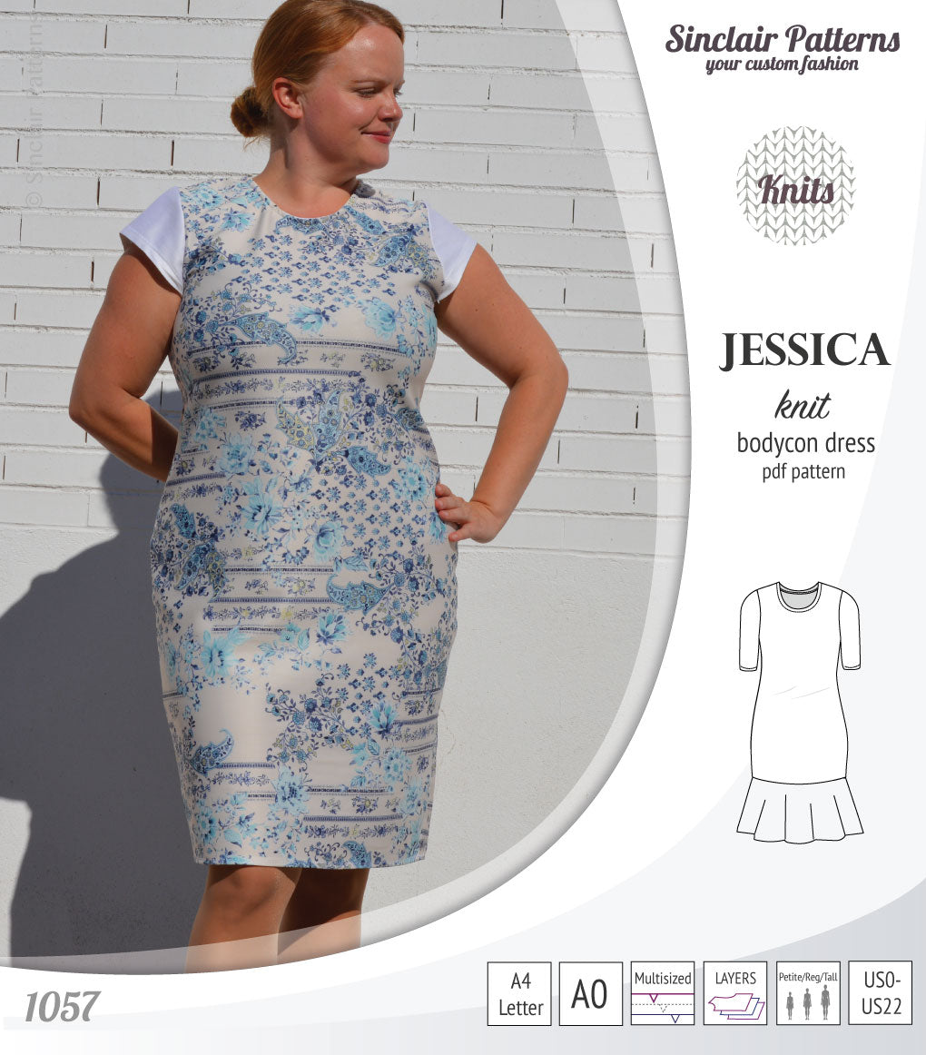 Pdf sewing pattern Jessica Bodycon dress for knit fabrics with peplum