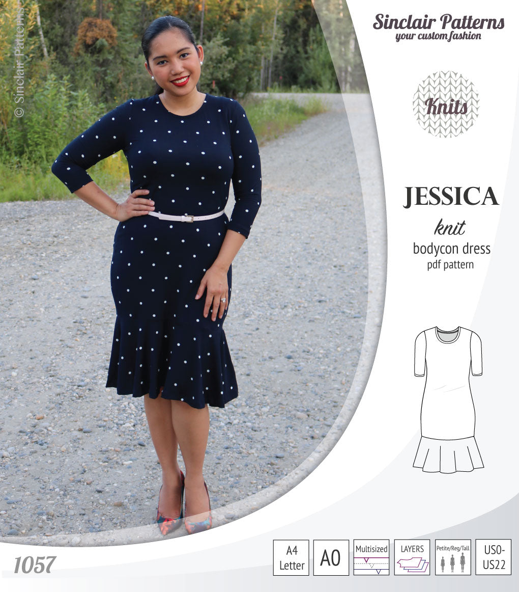 Pdf sewing pattern Jessica Bodycon dress for knit fabrics with peplum