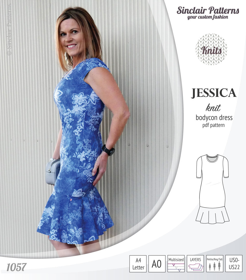 Pdf sewing pattern Jessica Bodycon dress for knit fabrics with peplum