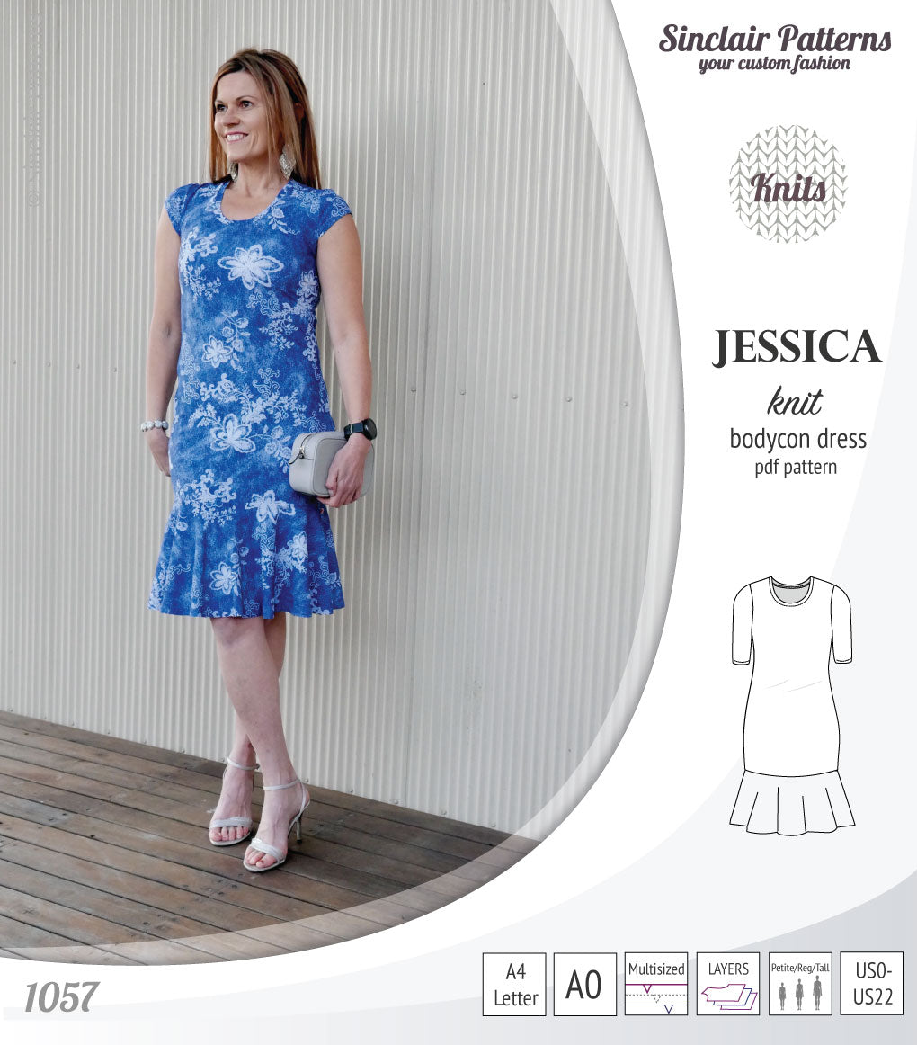 Pdf sewing pattern Jessica Bodycon dress for knit fabrics with peplum