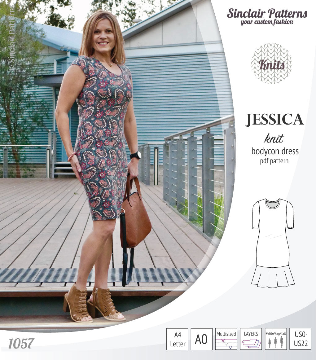 Pdf sewing pattern Jessica Bodycon dress for knit fabrics with peplum