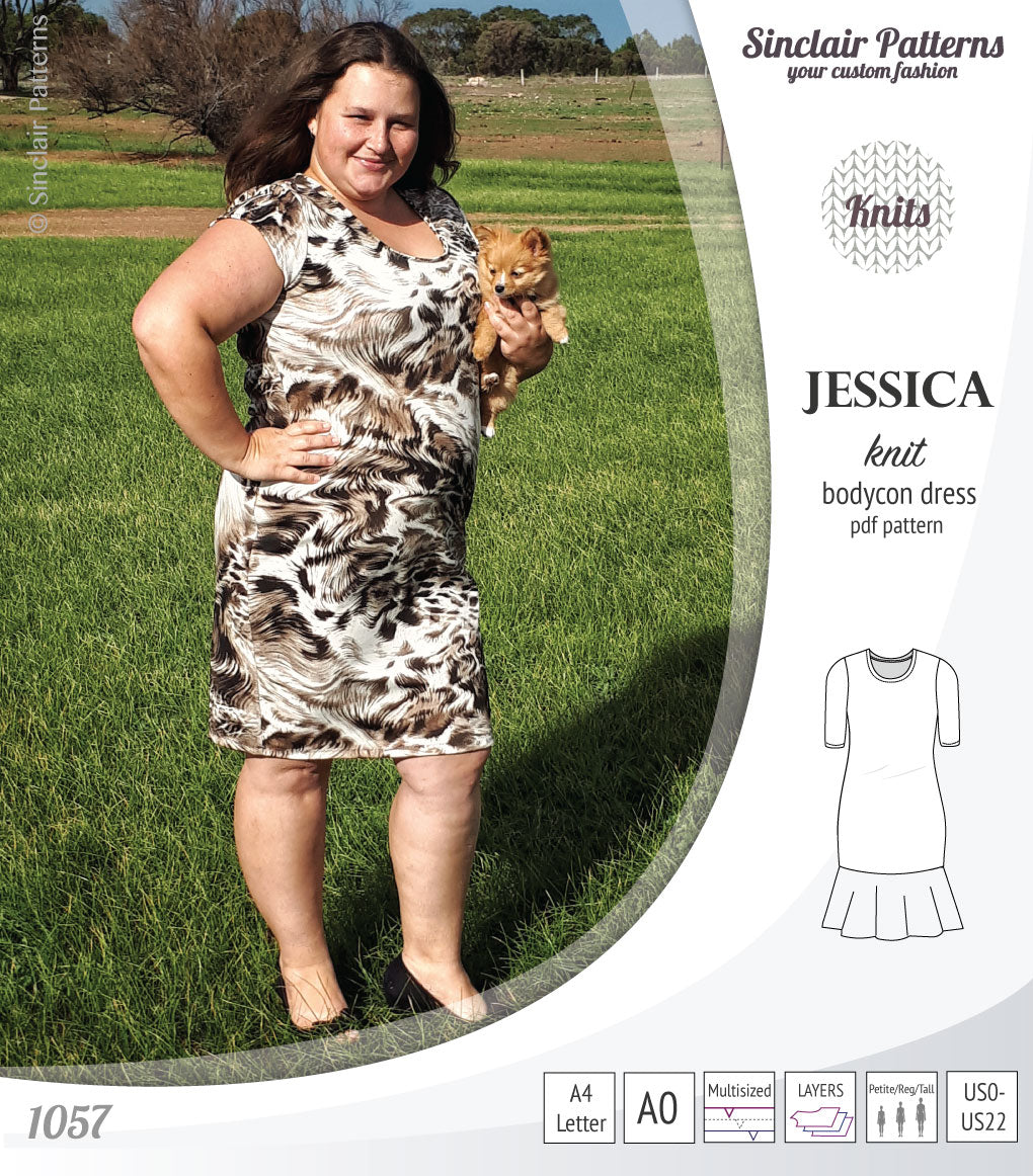 Pdf sewing pattern Jessica Bodycon dress for knit fabrics with peplum