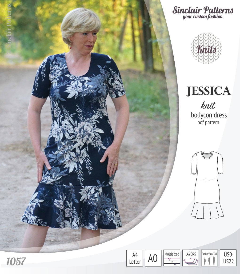 Pdf sewing pattern Jessica Bodycon dress for knit fabrics with peplum