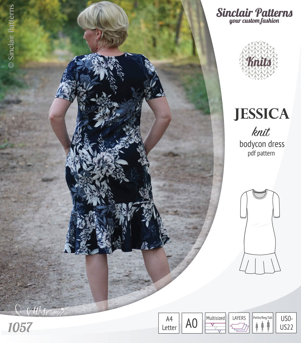 Pdf sewing pattern Jessica Bodycon dress for knit fabrics with peplum