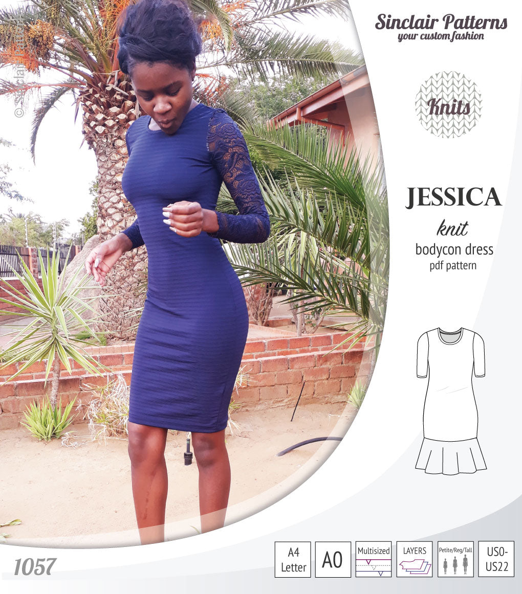 Pdf sewing pattern Jessica Bodycon dress for knit fabrics with peplum