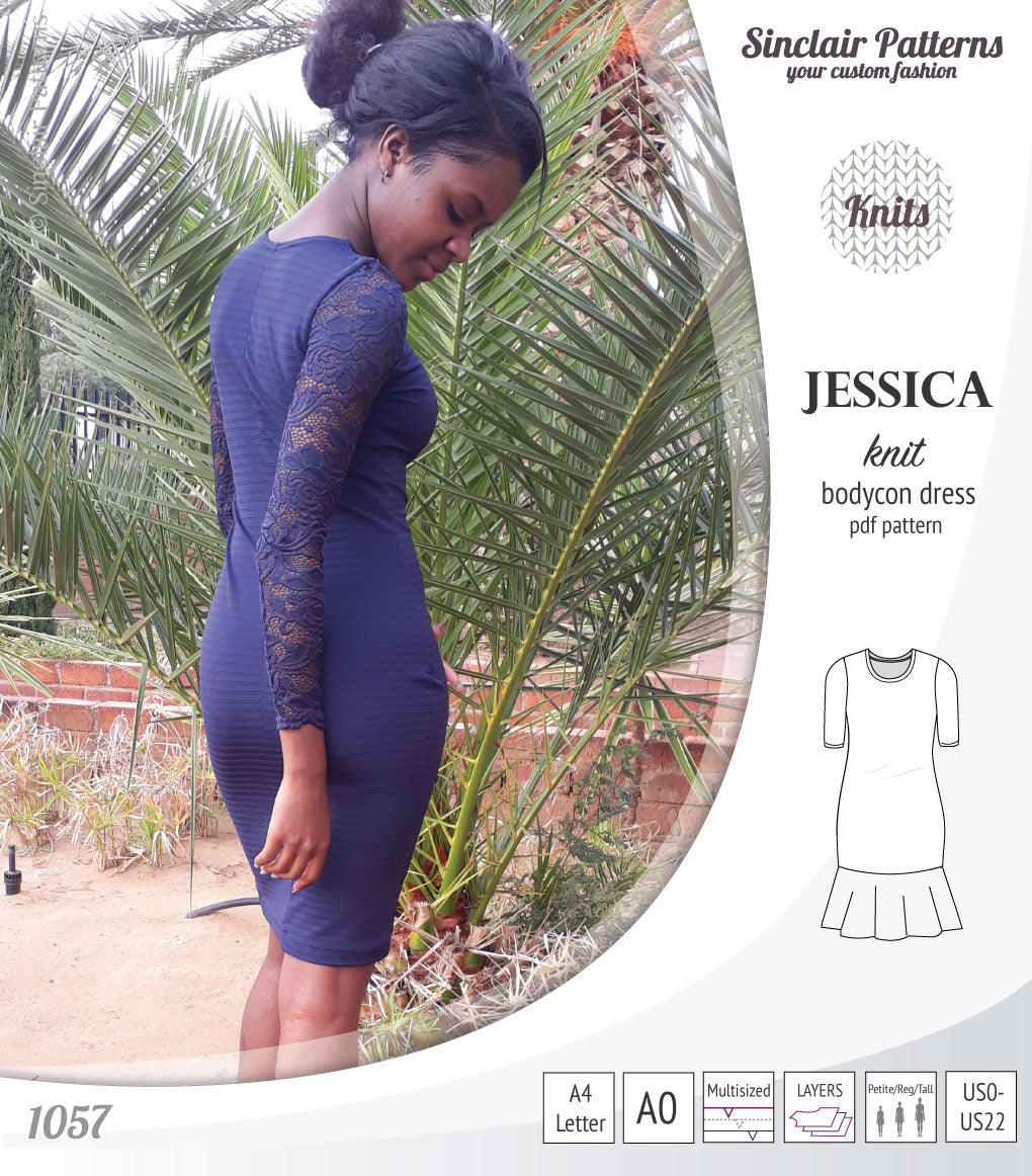 Pdf sewing pattern Jessica Bodycon dress for knit fabrics with peplum