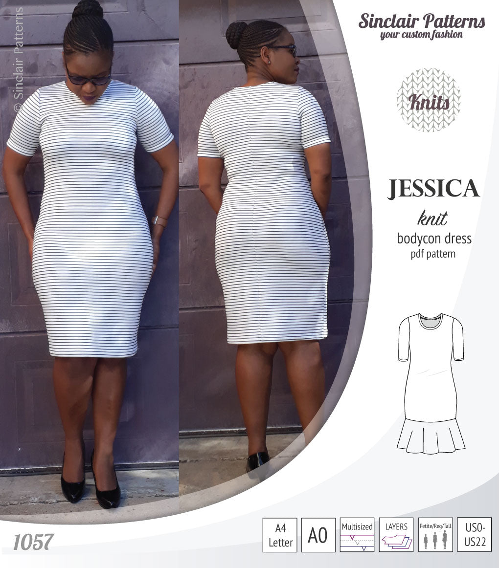 Pdf sewing pattern Jessica Bodycon dress for knit fabrics with peplum