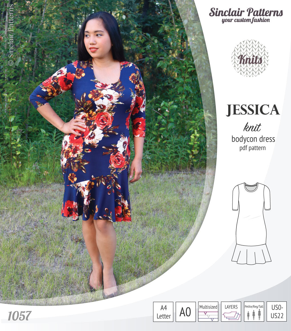 Pdf sewing pattern Jessica Bodycon dress for knit fabrics with peplum