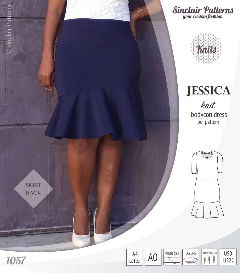 Pdf sewing pattern Jessica Bodycon dress for knit fabrics with peplum