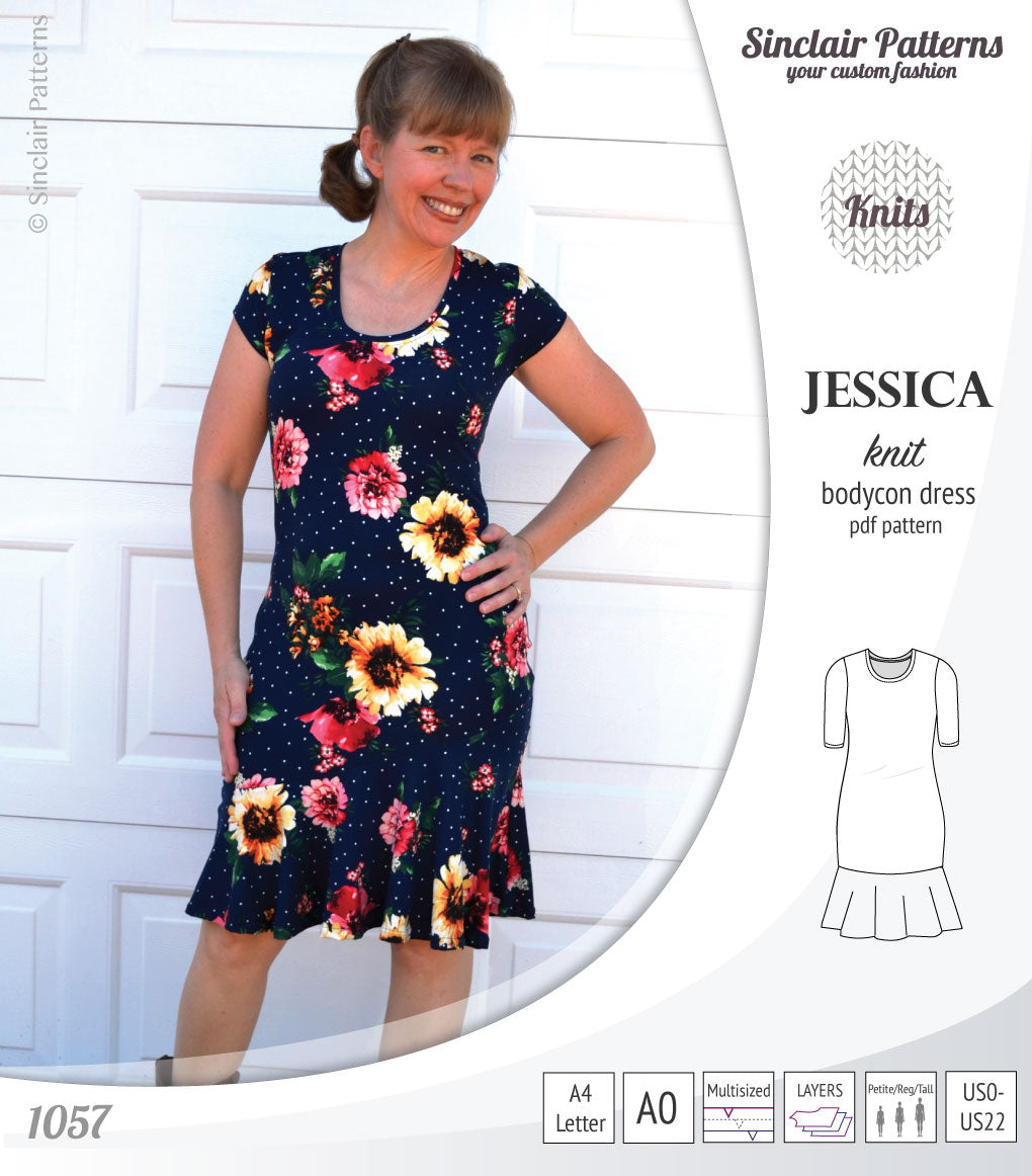 Pdf sewing pattern Jessica Bodycon dress for knit fabrics with peplum