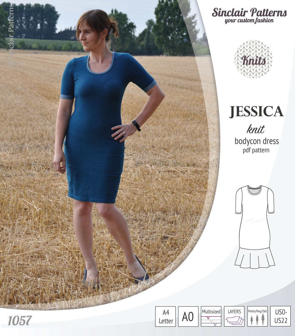 Pdf sewing pattern Jessica Bodycon dress for knit fabrics with peplum