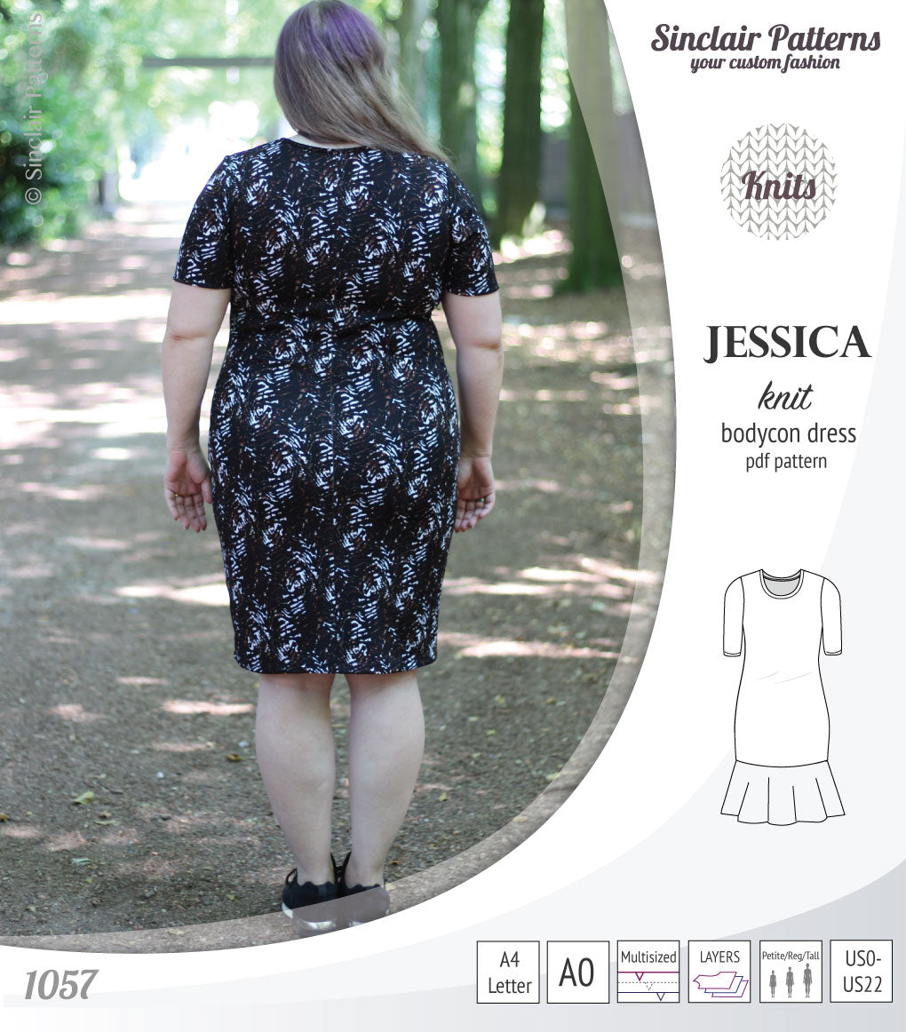 Pdf sewing pattern Jessica Bodycon dress for knit fabrics with peplum