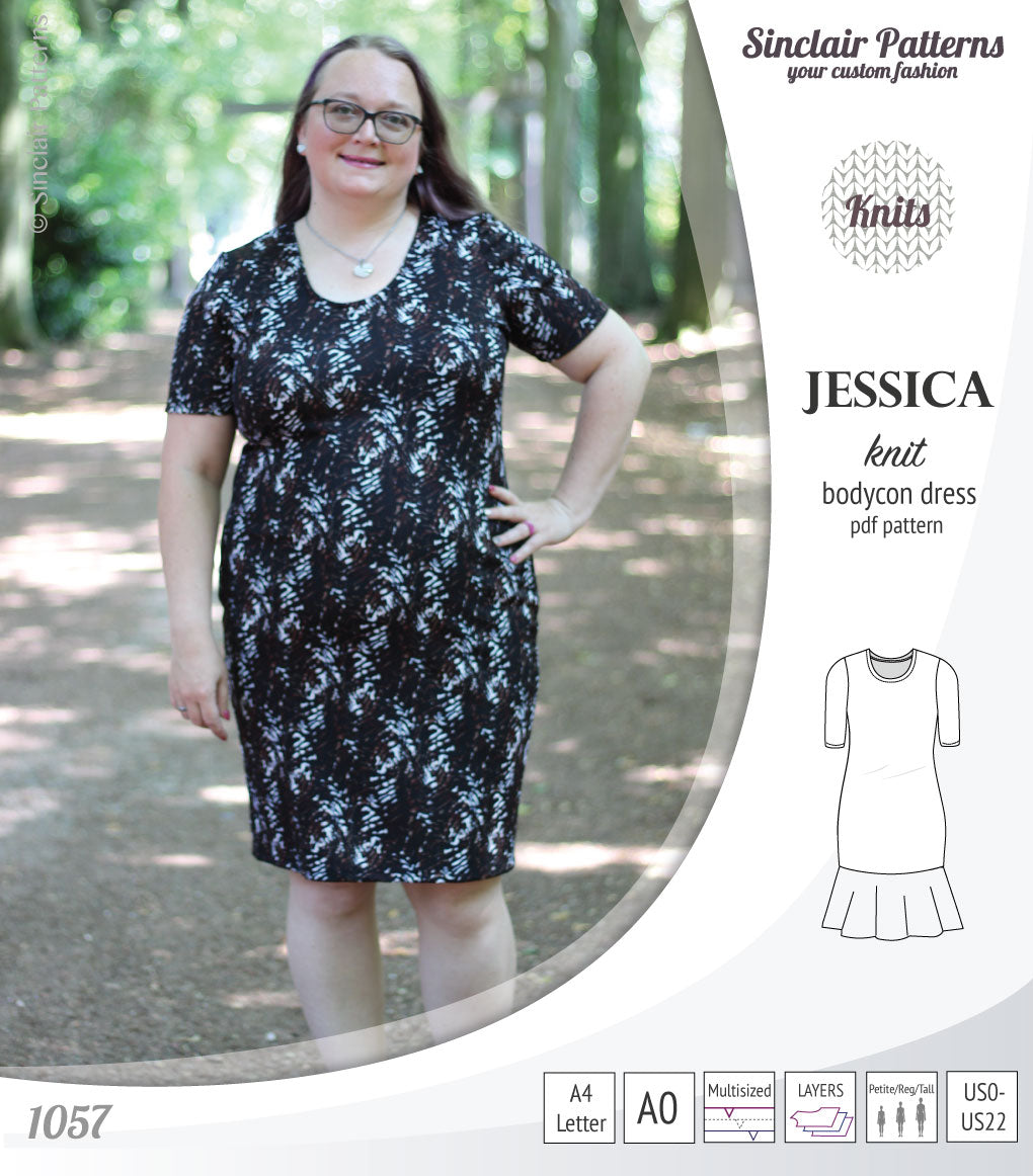 Pdf sewing pattern Jessica Bodycon dress for knit fabrics with peplum