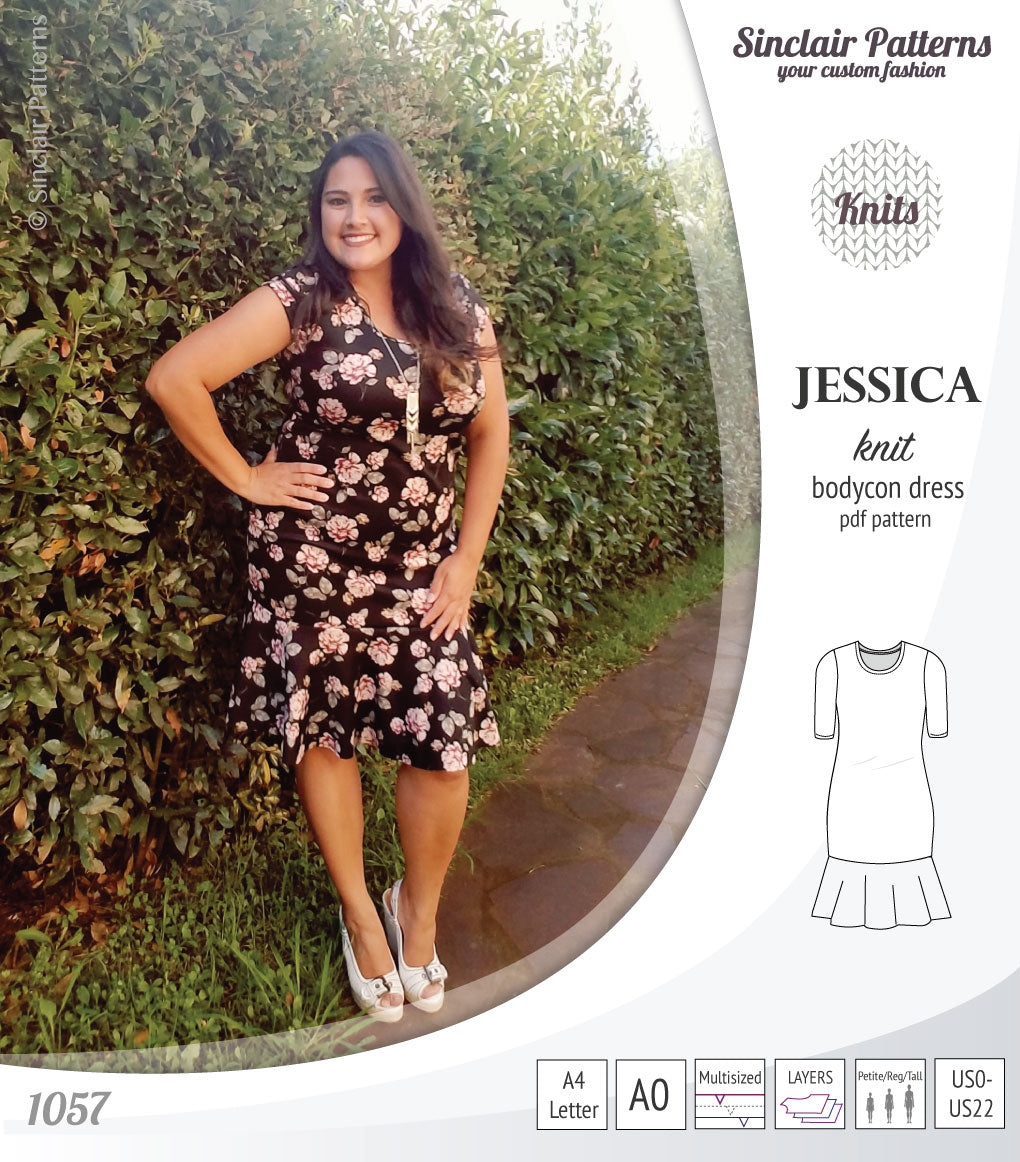 Pdf sewing pattern Jessica Bodycon dress for knit fabrics with peplum