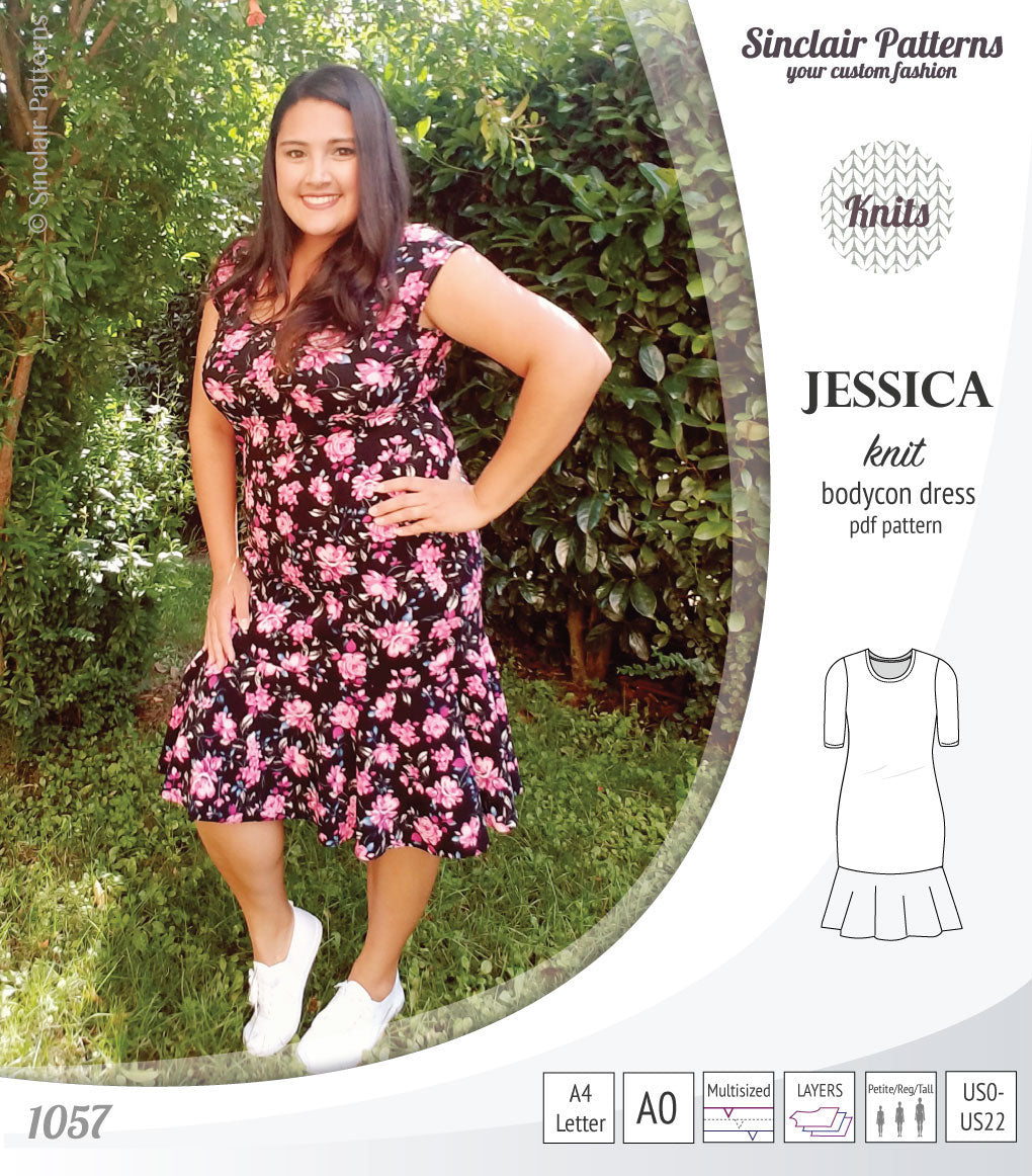 Pdf sewing pattern Jessica Bodycon dress for knit fabrics with peplum