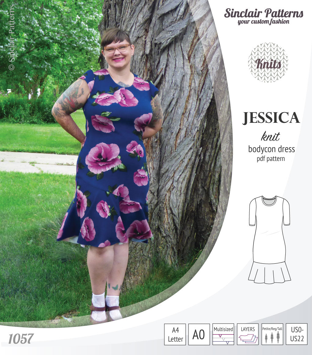 Pdf sewing pattern Jessica Bodycon dress for knit fabrics with peplum