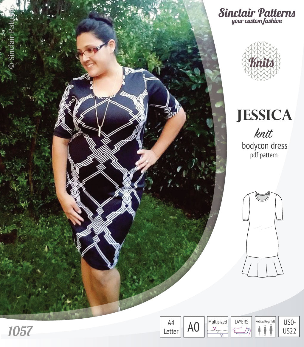 Pdf sewing pattern Jessica Bodycon dress for knit fabrics with peplum