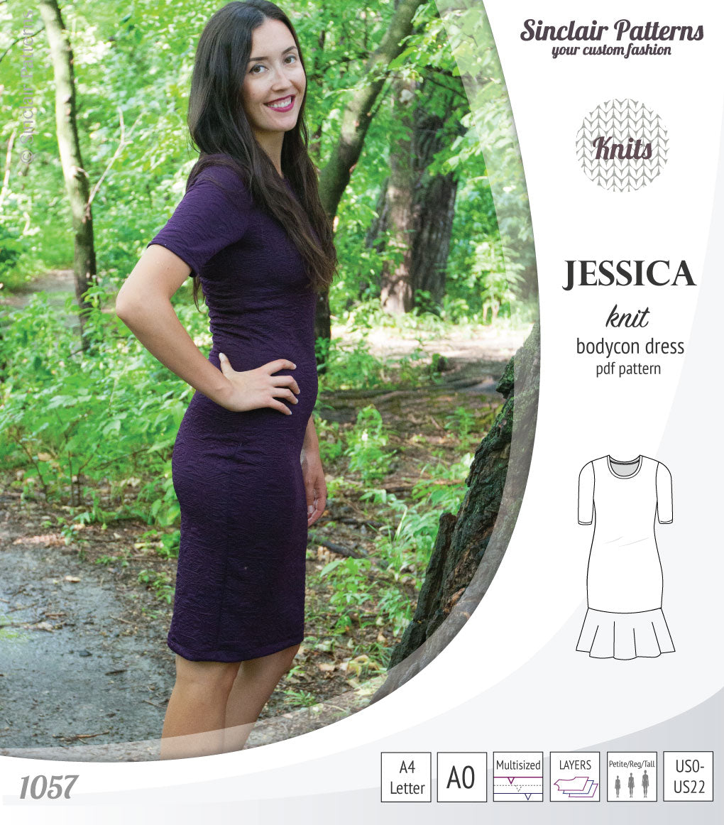 Pdf sewing pattern Jessica Bodycon dress for knit fabrics with peplum