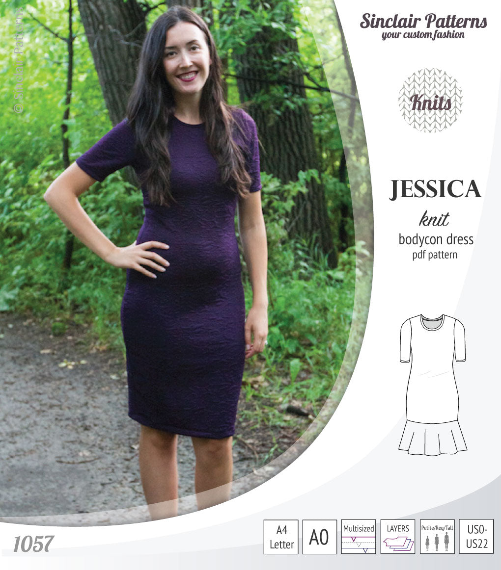 Pdf sewing pattern Jessica Bodycon dress for knit fabrics with peplum