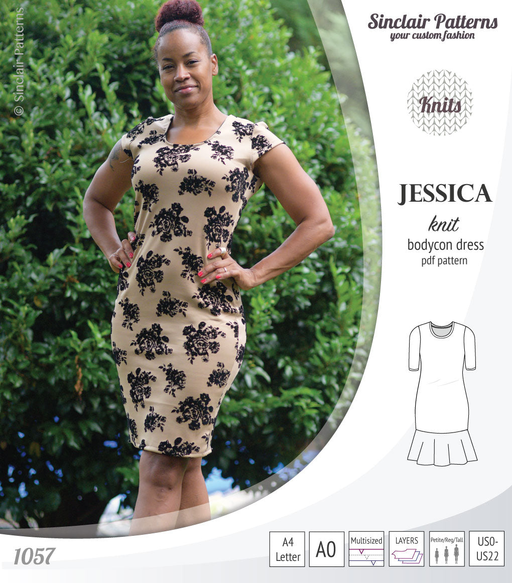 Pdf sewing pattern Jessica Bodycon dress for knit fabrics with peplum