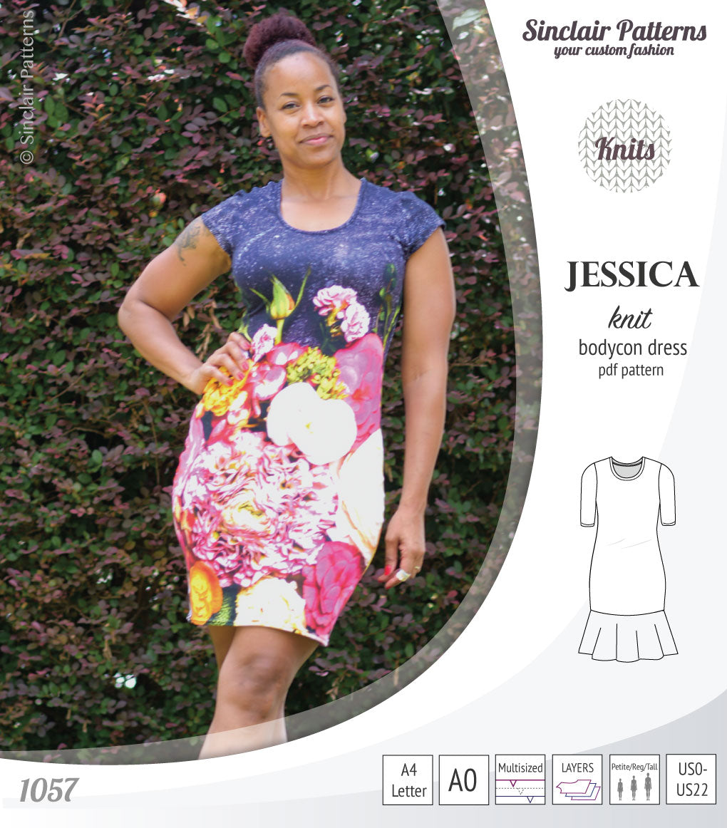 Pdf sewing pattern Jessica Bodycon dress for knit fabrics with peplum