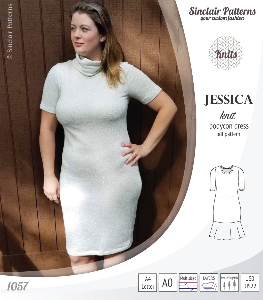 Pdf sewing pattern Jessica Bodycon dress for knit fabrics with peplum