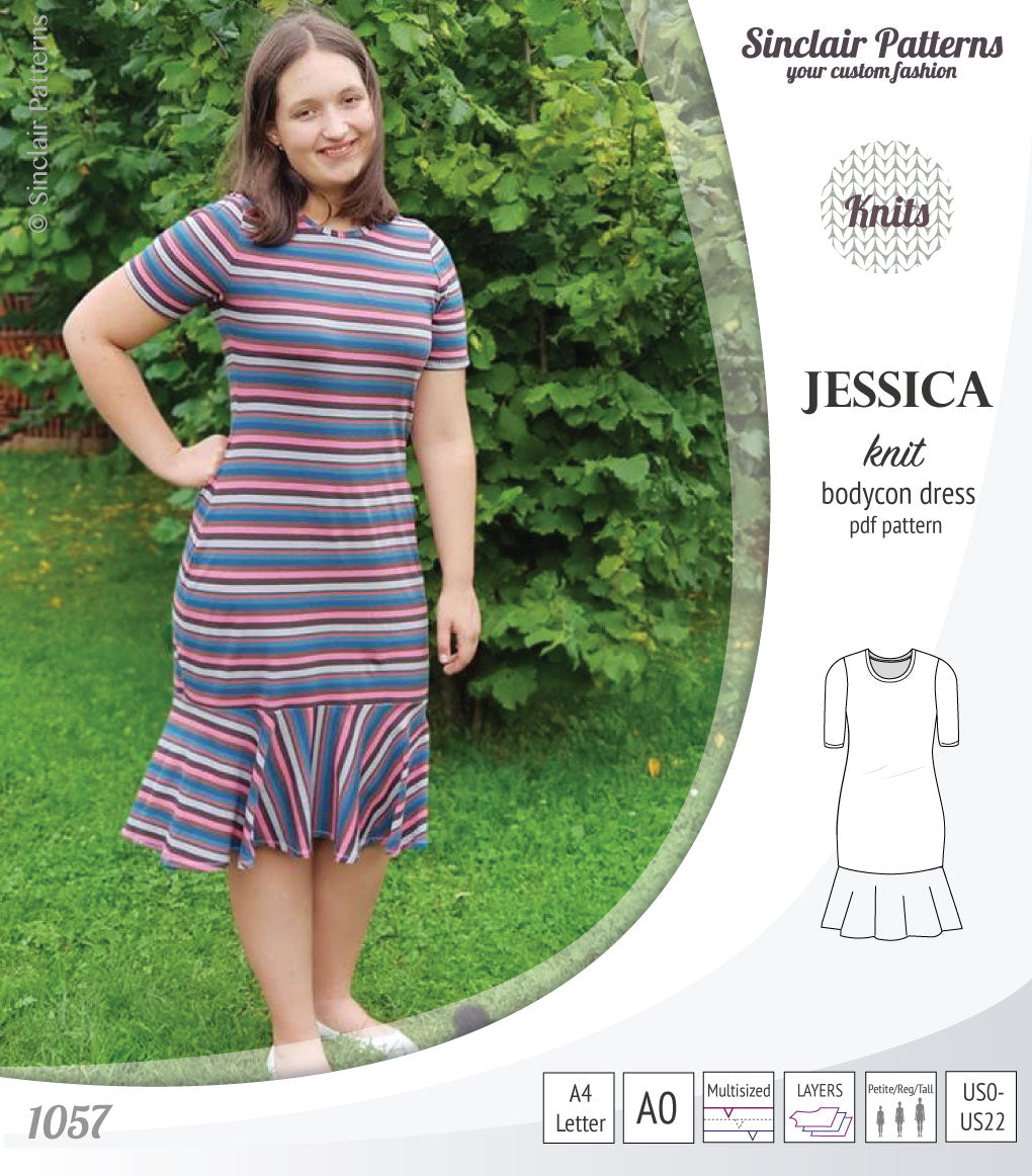 Pdf sewing pattern Jessica Bodycon dress for knit fabrics with peplum